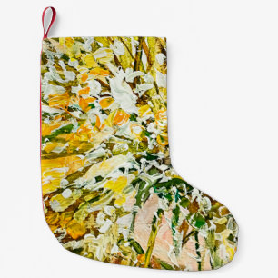 Expressive embossed paint on canvas, created using small christmas stocking