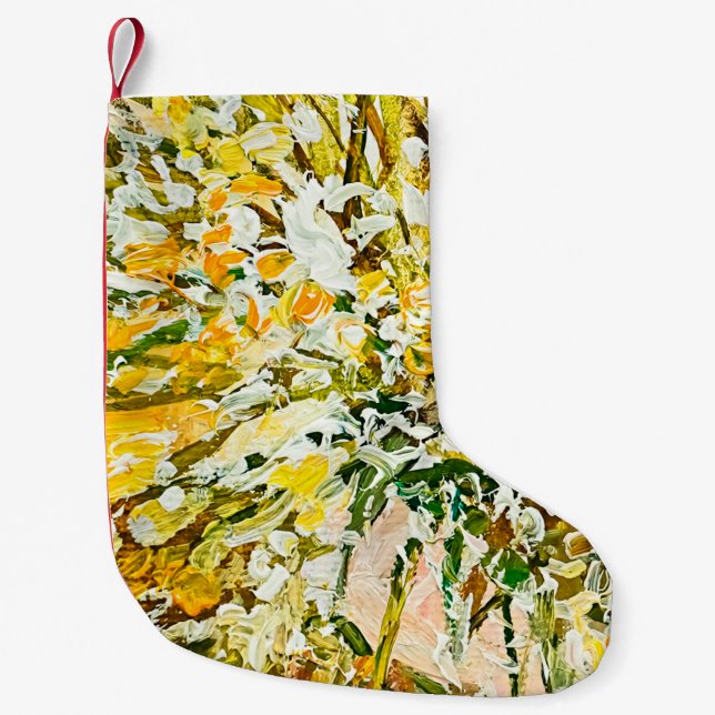 Expressive embossed paint on canvas, created using small christmas stocking (Front)