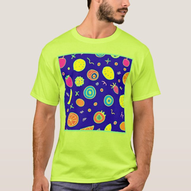 Expressive Neon Fruit Artistry Pattern T-Shirt (Front)