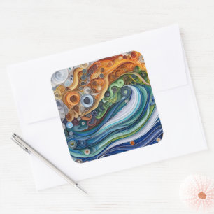 Expressive Quilled Ocean Wave Sunset Square Sticker