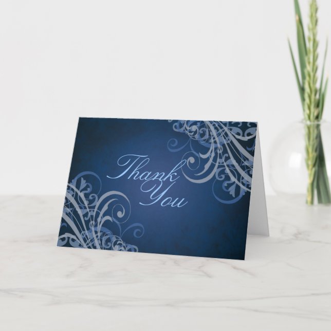 Exquisite Baroque Blue Scroll Thank You Card (Front)