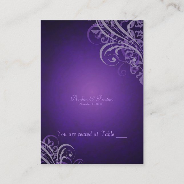 Exquisite Baroque Purple Scroll Placecard (Front)