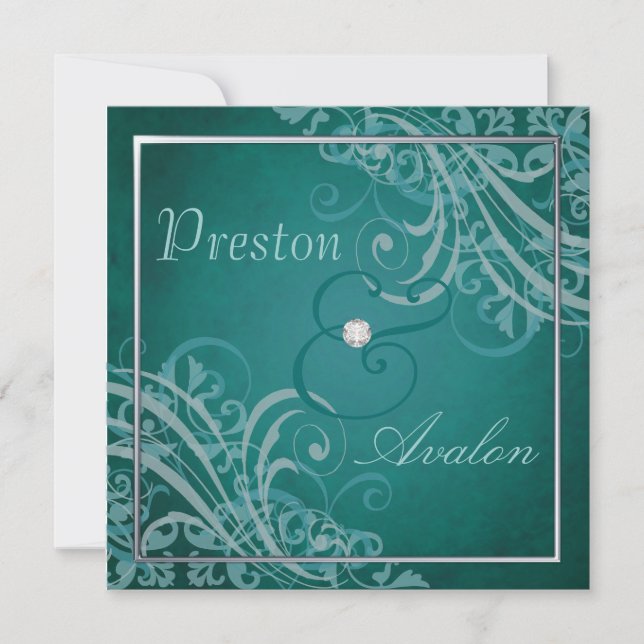 Exquisite Baroque Teal Scroll  Invitation (Front)