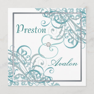 Exquisite Baroque Teal Scroll White Invitation