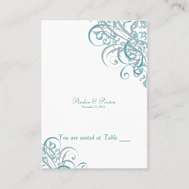Exquisite Baroque Teal & White Scroll Placecard (Front)