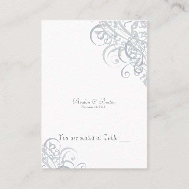 Exquisite Baroque White & Silver Scroll Placecard (Front)