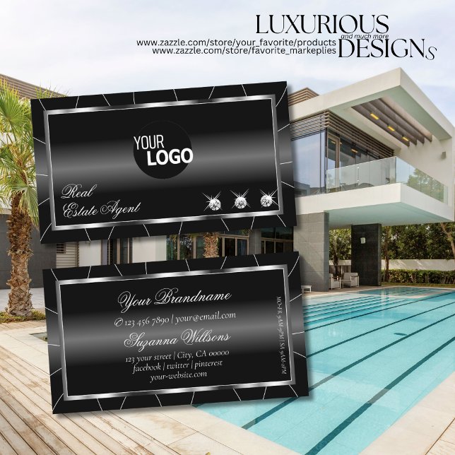 Exquisite Black and White with Diamonds and Logo Business Card (Creator Uploaded)