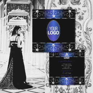 Exquisite Black Blue Ornate Ornaments with Logo Square Business Card