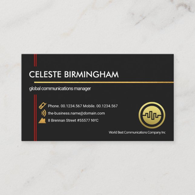 Exquisite Black Gold Red Lines Founder Owner Business Card (Front)