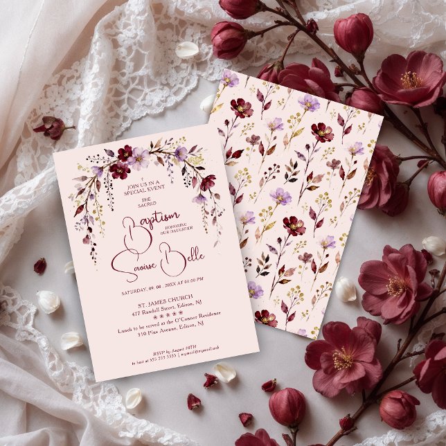 Exquisite Blooming Burgundy Arch Baptism Invitation (Exquisite Floral Burgundy Arch Baptism Invitation Design with Floral Pattern Back.)