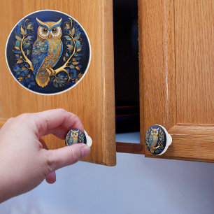 Exquisite Blue and Gold Owl Ceramic Knob