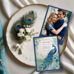 Exquisite Blue & Green Peacock Watercolor Photo Invitation