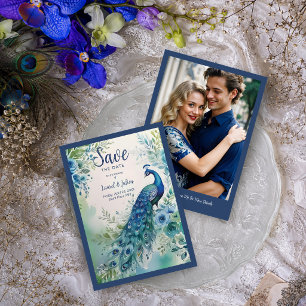 Exquisite Blue Peacock Watercolor Photo TLW26 Save The Date