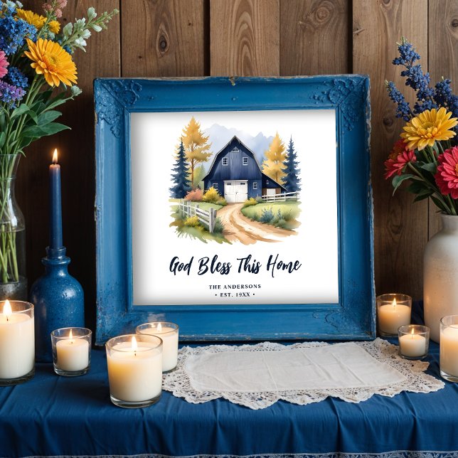 Exquisite Blue Rustic Barn Classic Farmhouse Style Poster (Exquisite Blue Rustic Barn Classic Farmhouse Style Square Posters with Personalized Family Name)