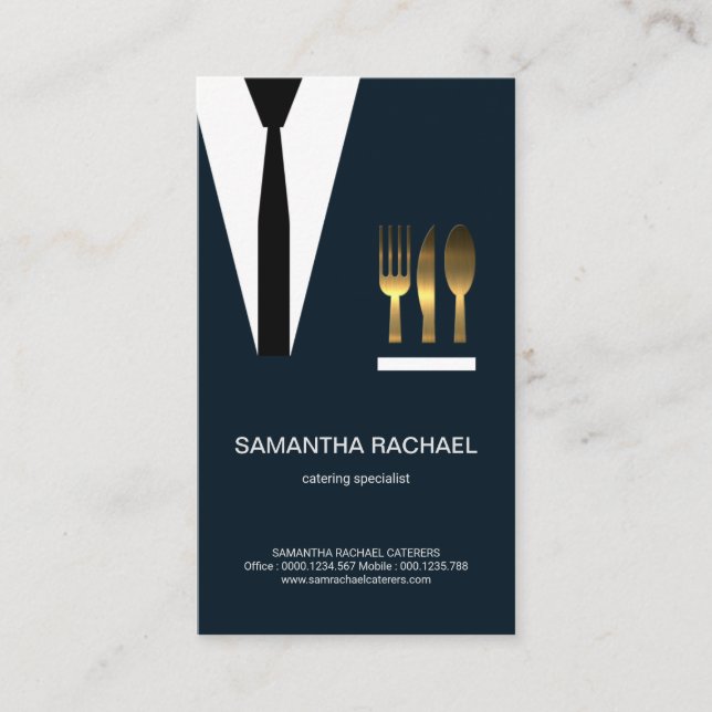 Exquisite Blue Suit Gold Waiter Cutlery Business Card (Front)