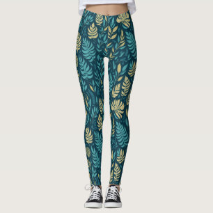 Exquisite Boho Teal Leaves Rich Greenery Pattern  Leggings