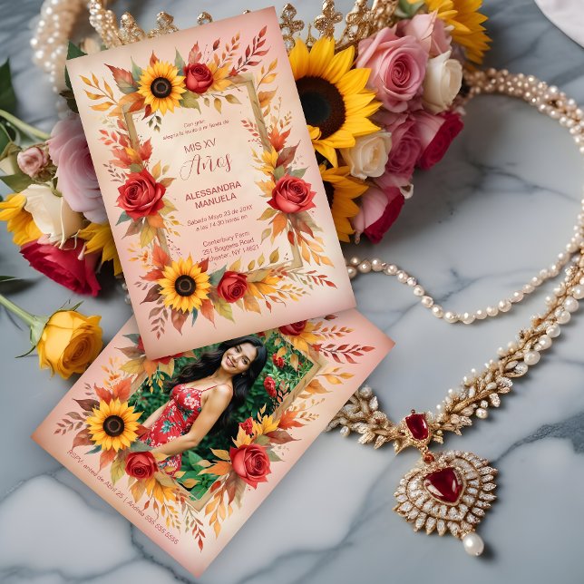 Exquisite Botanical Floral Frame Spanish Photo XVs Invitation (Exquisite Botanical Floral Frame Spanish Photo Mis XV Invitations Cards.)
