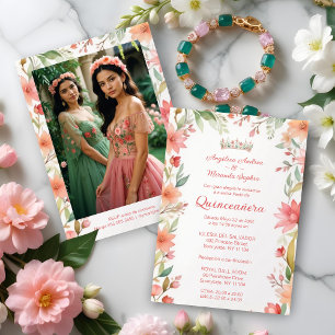 Exquisite Botanical Frame Quinceañera Twins Photo Invitation