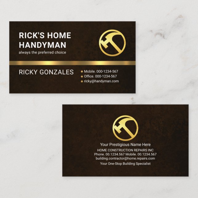 Exquisite Brown Grunge Gold Handyman Hammer Business Card (Front/Back)