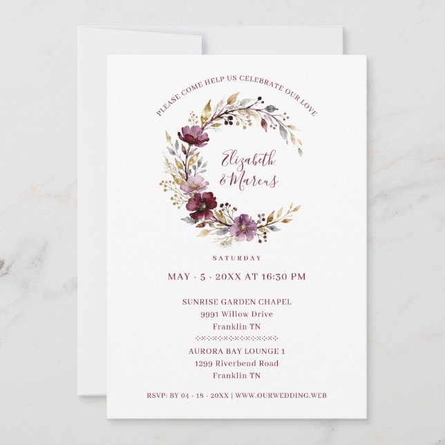 Exquisite Burgundy Wedding Floral Garland Invitation (Front)
