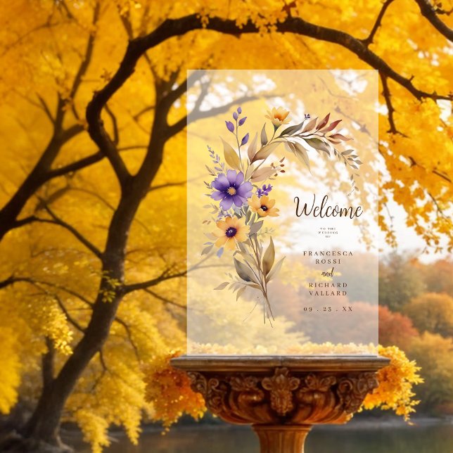 Exquisite Cherished Purple & Yellow Floral Bouquet Acrylic Sign (Exquisite Cherish Purple & Yellow Floral Bouquet Wedding Welcome Signs Acrylic Signs.)