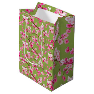 Exquisite Cherry Blossoms Florals on Chartreuse Medium Gift Bag