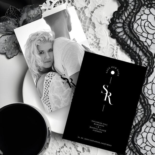 Exquisite Chic Minimalist Black Wedding Initials Save The Date (Exquisite Chic Minimalist Black & White Wedding Initials Photo Save the Date Card with Envelope.)