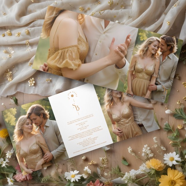 Exquisite Chic Minimalist Gold Wedding Initials Tri-Fold Invitation (Exquisite Chic Minimalist Gold Effect Wedding Initials 4 Photos Invitation Tri-Fold Card.)
