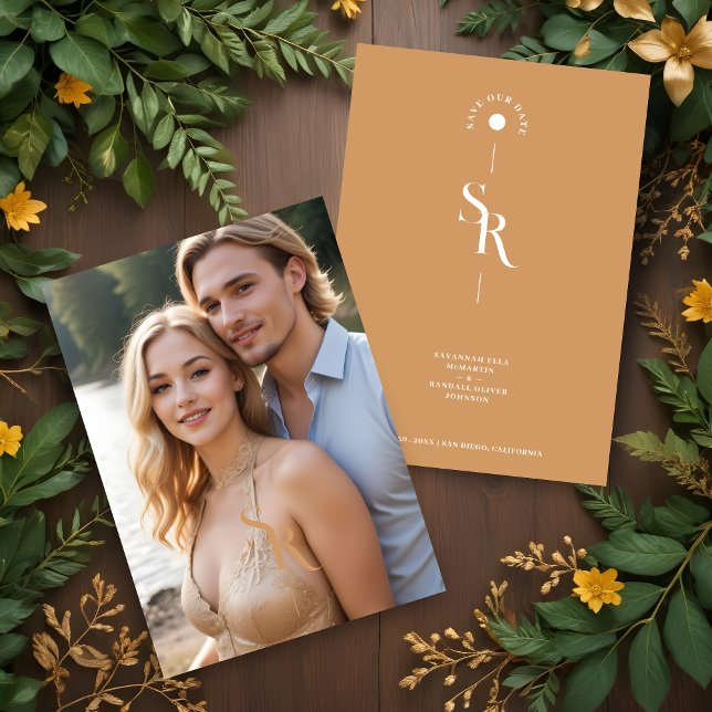 Exquisite Chic Minimalist Golden Wedding Initials Save The Date (Exquisite Chic Minimalist Golden Effect Wedding Initials Photo Save the Date Card with Envelope.)