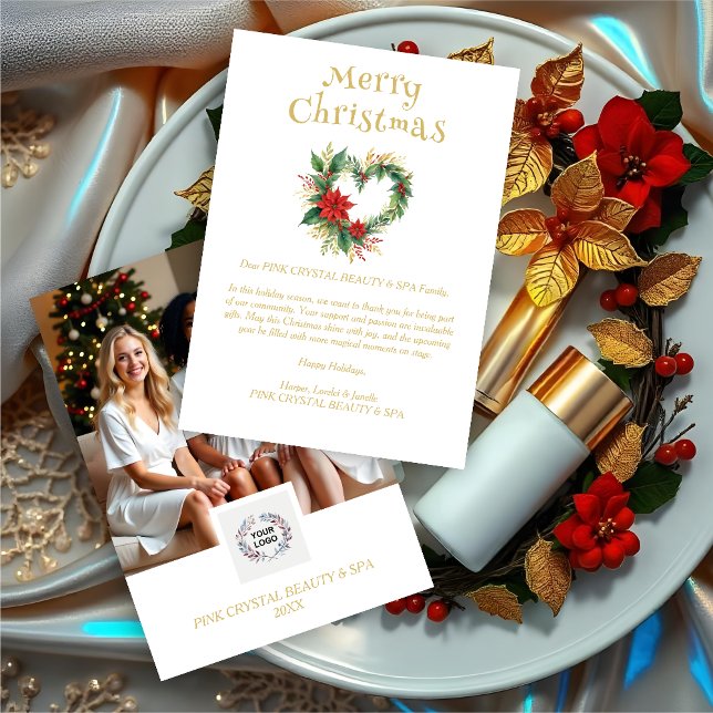 Exquisite Christmas Wreath Heart-Shape Floral  Holiday Card (Exquisite Christmas Wreath Heart-Shape Floral Red & Gold Photo Business Holidays Cards.)