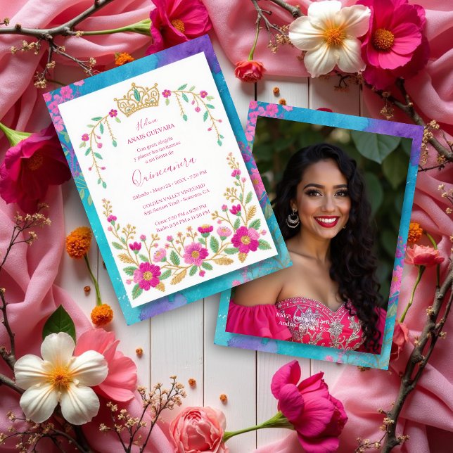 Exquisite Colorful Spanish Quinces Floral Border Invitation (Exquisite Colorful Spanish Mexican Inspired Floral Border Embroidery Style Quinceañera Invitation.)
