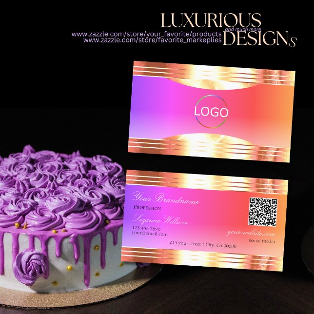 Exquisite Colourful Rose Gold Borders Logo QR Code Business Card (Creator Uploaded)