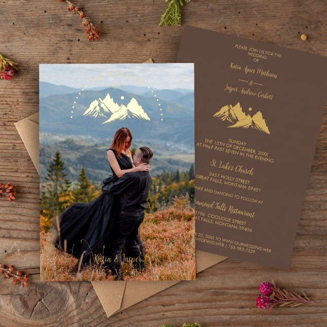 Exquisite Cool Rustic Mountains Photo in Brown (Exquisite Cool Rustic Mountains Photo in Brown Wedding Metallic Foil Invitation with Envelope. )
