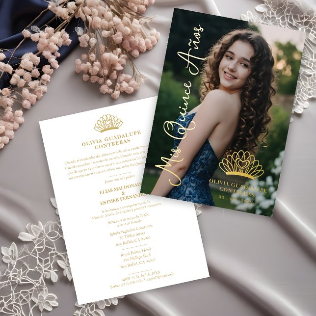 Exquisite Crown Quinceañera Photo Fancy Script (Spanish Exquisite Princess Crown Quinceañera Photo Fancy Calligraphy Script Real Golden Foil.)
