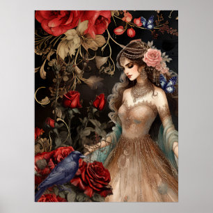 Exquisite Dark Beauty Red Roses & Raven Poster
