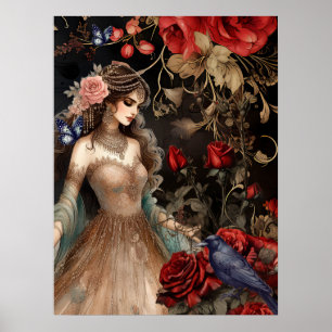 Exquisite Dark Beauty Red Roses & Raven Poster