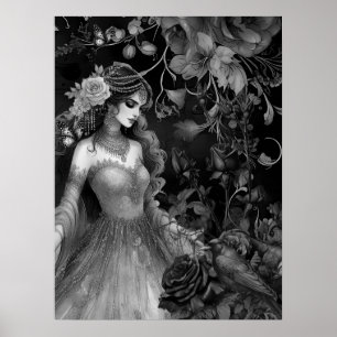 Exquisite Dark Monochromatic Beauty Roses & Raven Poster