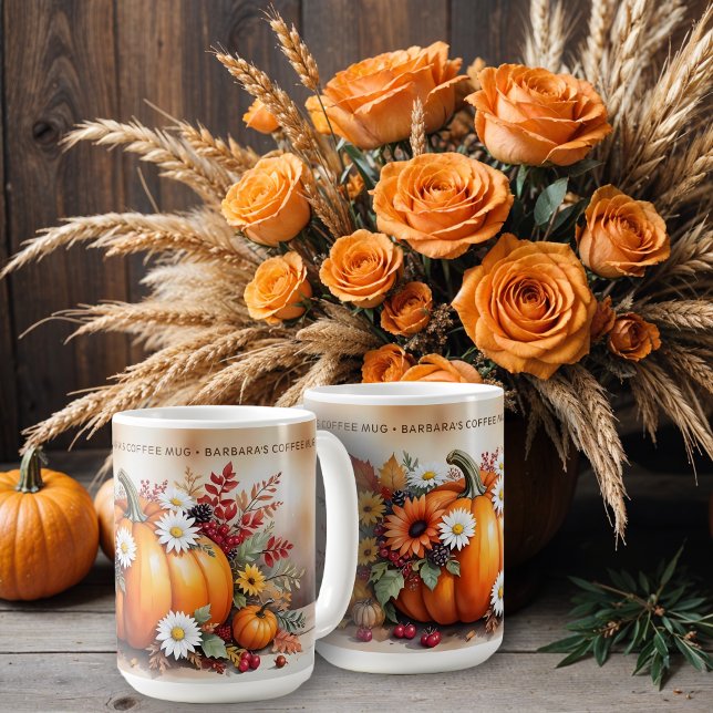 Exquisite Fall Pumpkins Wildflowers Custom Name Coffee Mug (Exquisite Fall Pumpkins, Wildflowers and Autumn Branches Composition Design with Customizable Name.)
