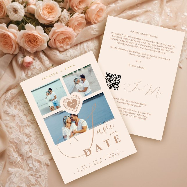 Exquisite Faux Lace Heart Champagne 3 Multi-Photo  Save The Date (Exquisite Faux Lace Heart Champagne 3 Multi-Photo Collage Wedding Save the Date Card.)
