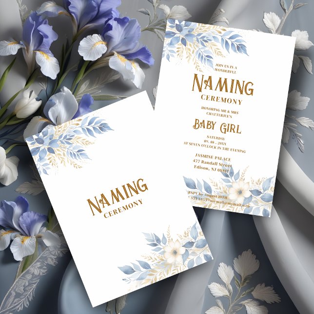 Exquisite Floral Branches in Blue Naming Ceremony Invitation (Exquisite Floral Branches in Blue and Faux Gold Shades Background Naming Ceremony Invitation Card.)