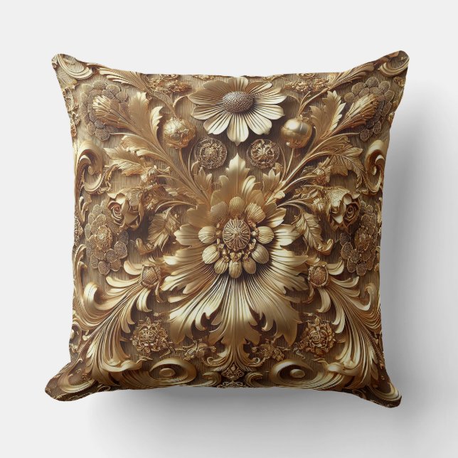 Exquisite Floral Motif in Luxurious Golden Baroque Cushion (Front)