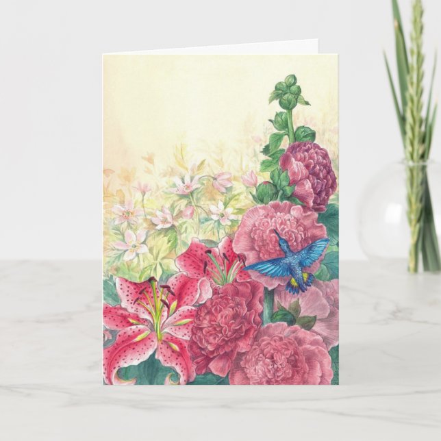Exquisite florals & hummingbird, custom greeting card (Front)