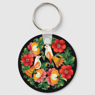 Exquisite Folk Art Birds Flowers Beautiful Decor Key Ring