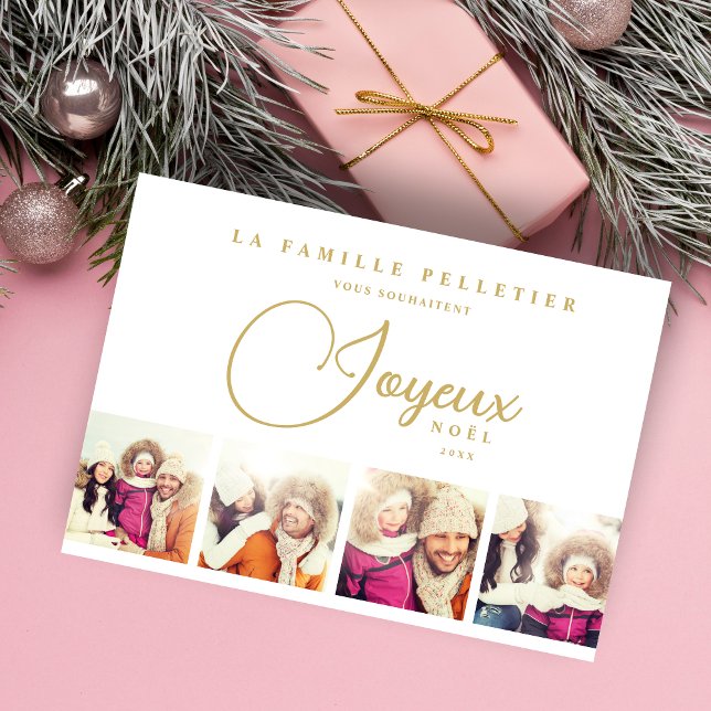 Exquisite French Joyeux Nöel 4 Photos Collage Holiday Card (Exquisite French Joyeux Nöel 4 Photos Minimalist Collage Holiday Card with Envelope. )