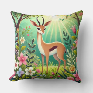 Exquisite Gazelle in Lush Blossom-Filled Forest Cushion
