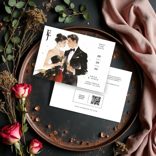 Exquisite Glamorous Black & Gold Couple Wedding Save The Date (Exquisite Black & Gold Couple Artwork Wedding Save the Date Card Featuring Initials and Back QR Code)