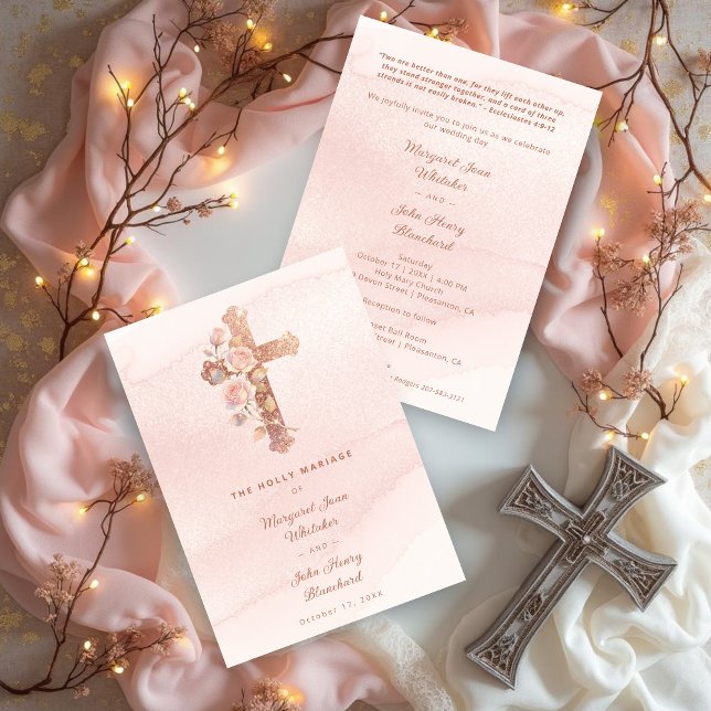 Exquisite Glitter Pink Floral Christian Cross Invitation (Exquisite Glitter Pastel Pink Floral Christian Cross Wedding Invitation Cards.)