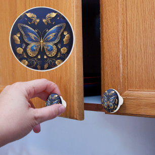 Exquisite Gold and Blue Butterfly Ceramic Knob