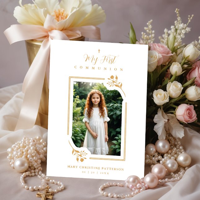 Exquisite Gold Botanical Frame First Communion Invitation (Exquisite Romantic Faux Gold Floral Botanical Frame with Photo My First Communion Invitations Cards.)