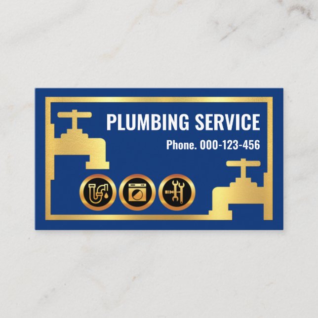 Exquisite Gold Faucet Pipes Blue Water Leaking  Business Card (Front)